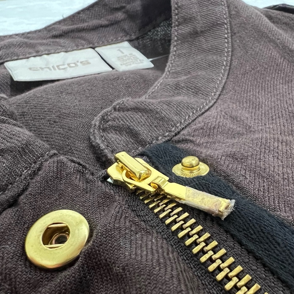 Chico’s Linen Utility Jacket Lightweight Dark Brown Gold 8 M Medium 570201889 - Picture 5 of 16